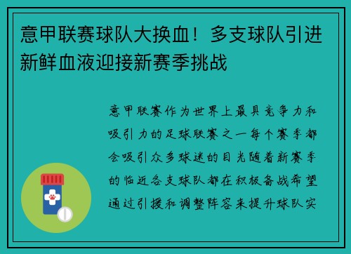 意甲联赛球队大换血！多支球队引进新鲜血液迎接新赛季挑战