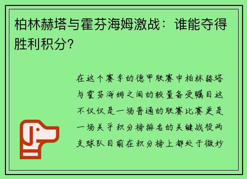 柏林赫塔与霍芬海姆激战：谁能夺得胜利积分？