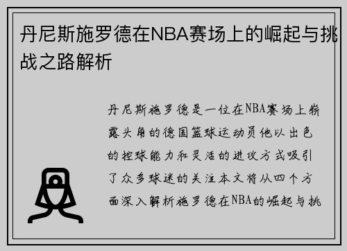 丹尼斯施罗德在NBA赛场上的崛起与挑战之路解析